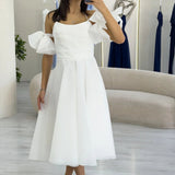 White Midi Length Evening Dress with Ribbon