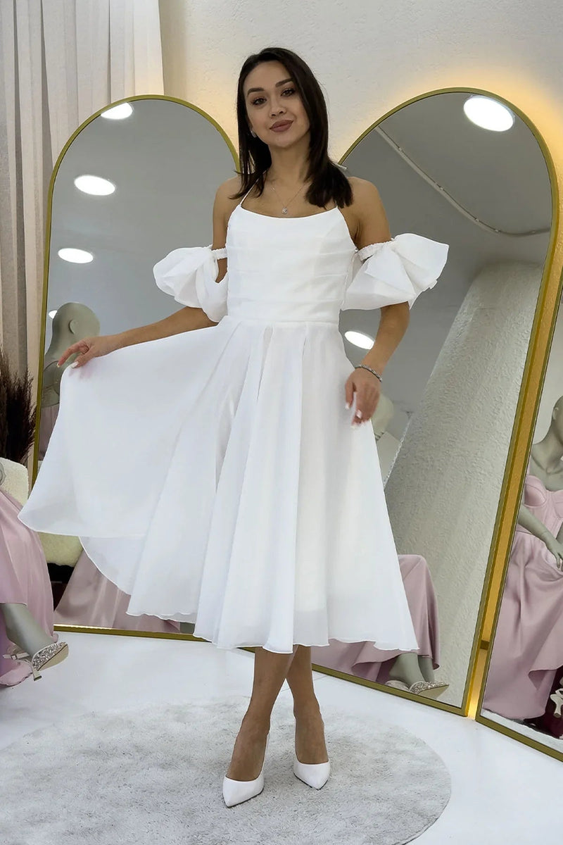 Women's White Draped Halter Tie Bow Sleeve Detail Short Evening Gown