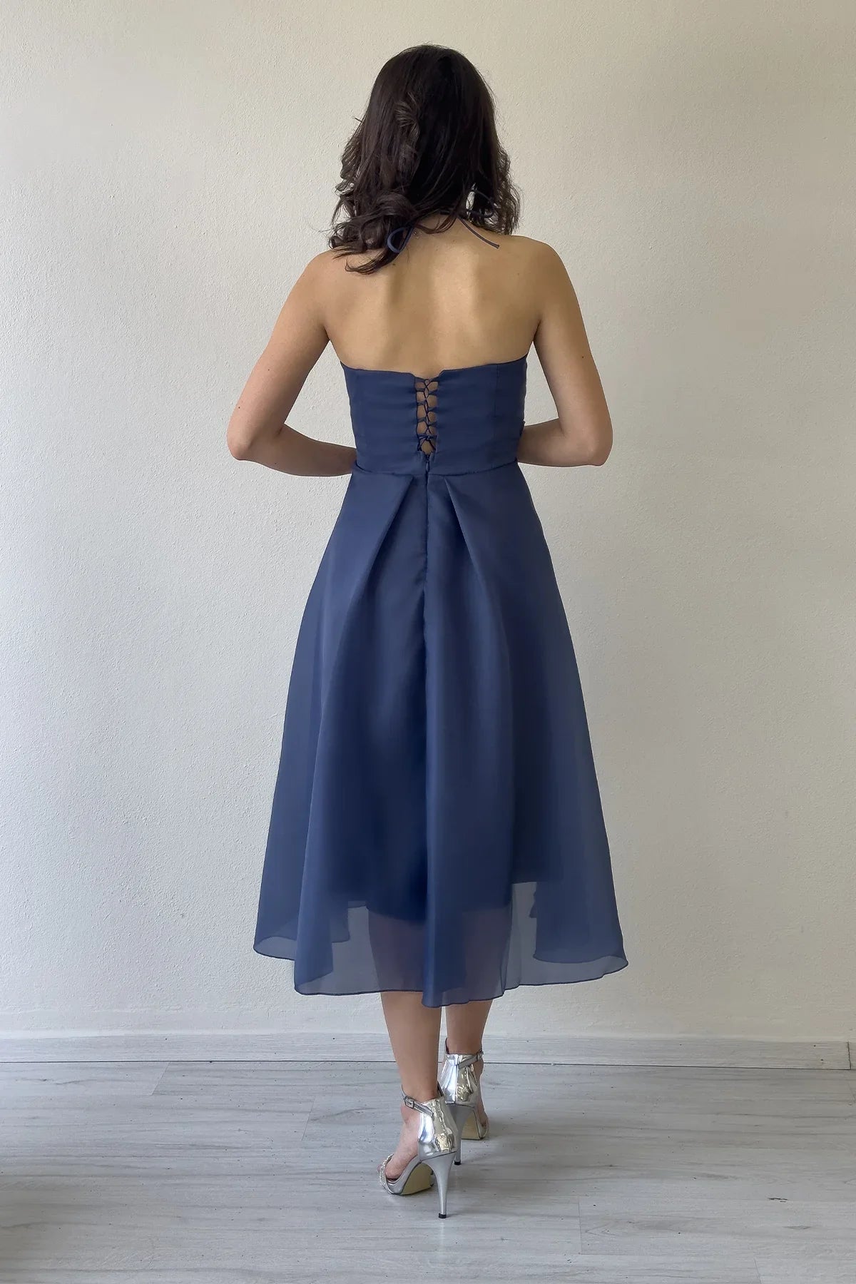 Women's Navy Blue Draped Halter Tie Bow Sleeve Detail Short Evening Gown