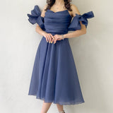 Navy Blue Midi Length Evening Dress with Ribbon