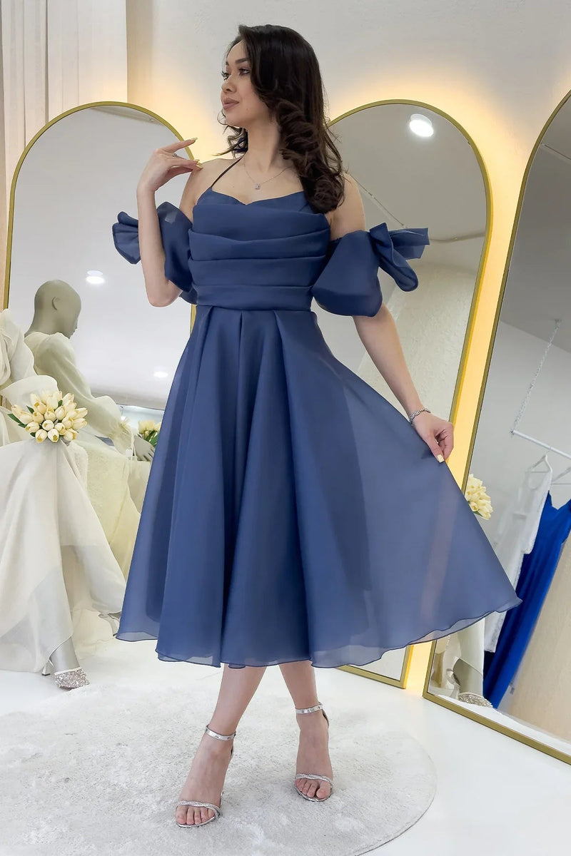 Women's Navy Blue Draped Halter Tie Bow Sleeve Detail Short Evening Gown
