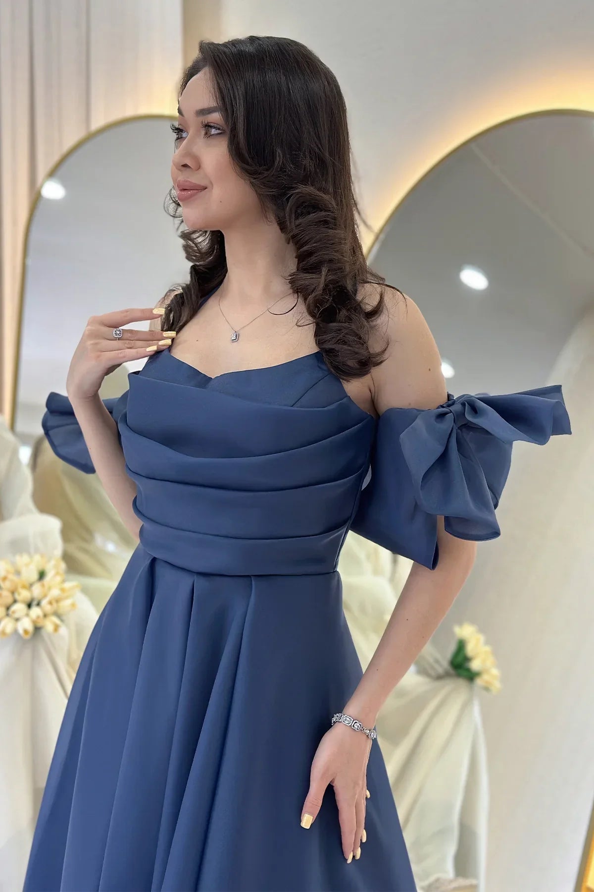 Women's Navy Blue Draped Halter Tie Bow Sleeve Detail Short Evening Gown