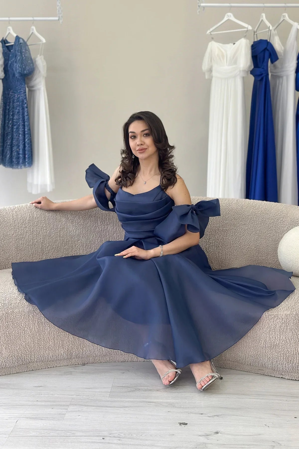 Women's Navy Blue Draped Halter Tie Bow Sleeve Detail Short Evening Gown