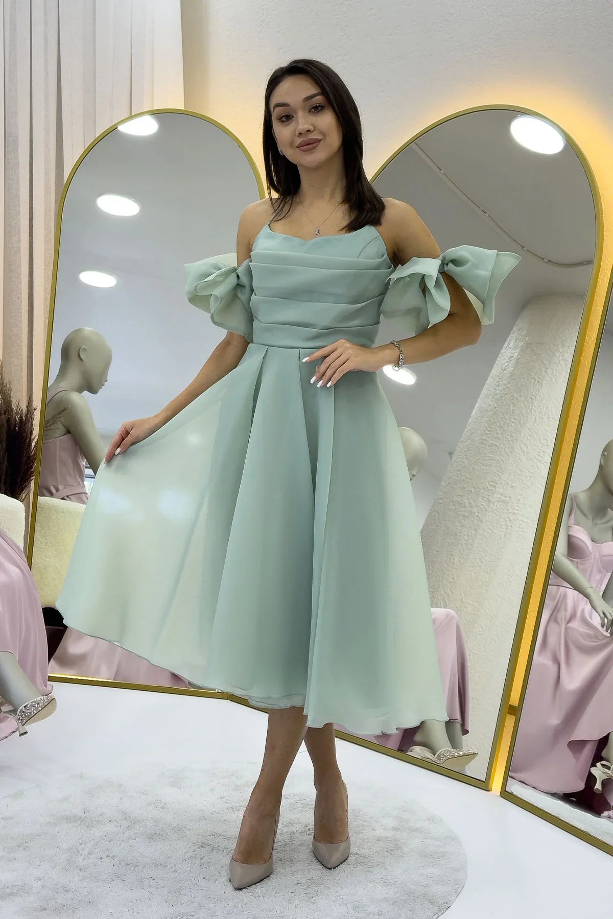 Women's Aqua Green Draped Halter Tie Bow Sleeve Detail Short Evening Gown