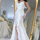 White Strapless Slit Evening Dress