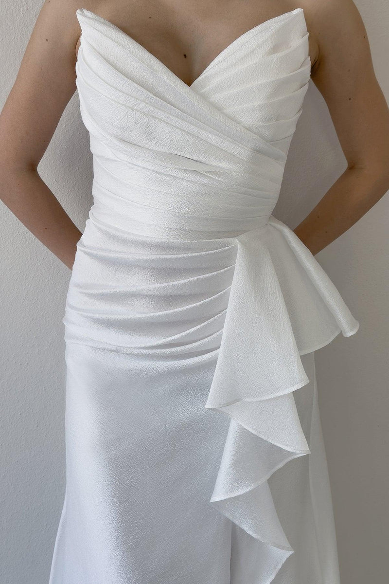 Women's White Strapless Draped Sırt Detail Volan Slit Evening Gown