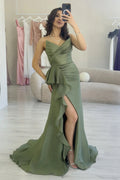 Khaki Strapless Slit Evening Dress