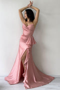 Powder Pink Strapless Slit Evening Dress