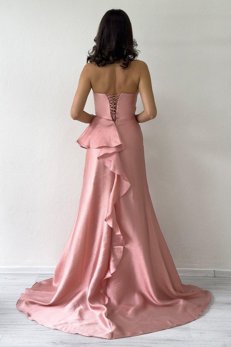 Powder Pink Strapless Slit Evening Dress