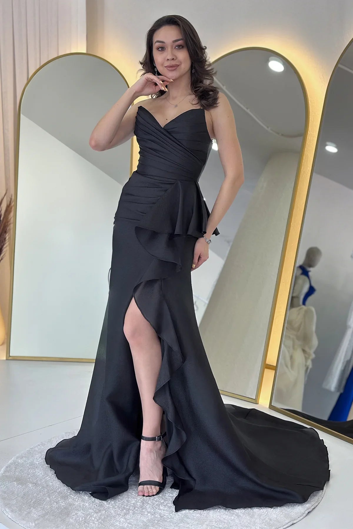 Women's Black Strapless Draped Sırt Detail Volan Slit Evening Gown