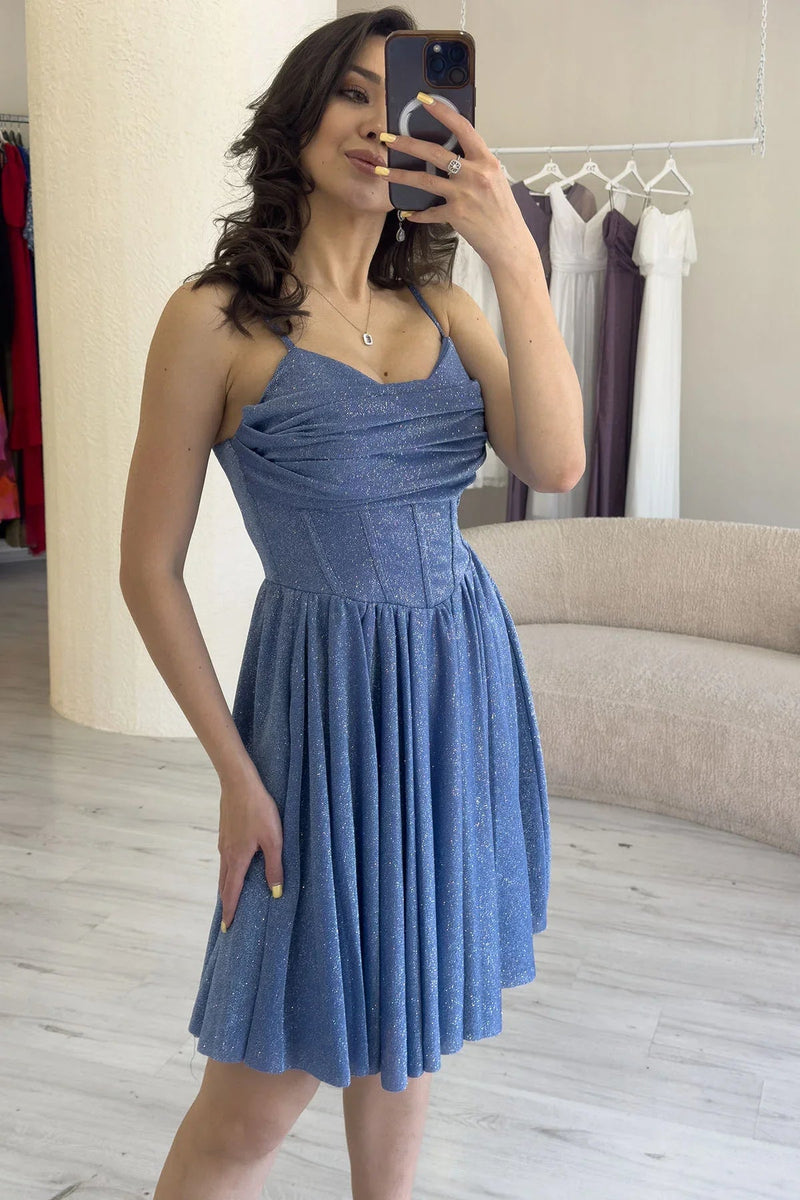 Women's Indigo Glitter Draped Detail Strap Mini Flared Evening Gown