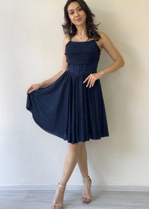 Marineblaues, trägerloses Mini-Abendkleid mit ausgestelltem Rock