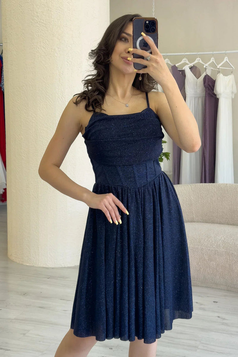 Women's Navy Blue Glitter Draped Detail Strap Mini Flared Evening Gown