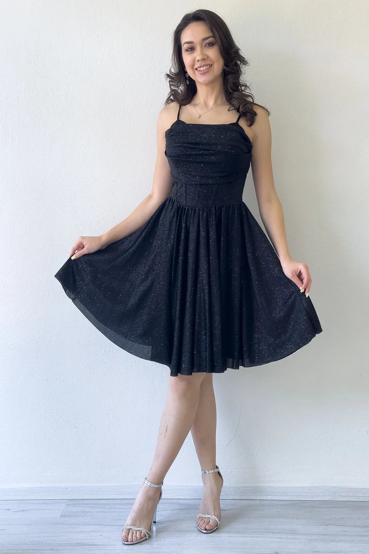 Women's Black Glitter Draped Detail Strap Mini Flared Evening Gown