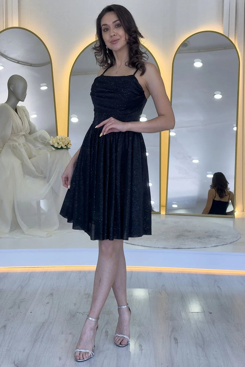Women's Black Glitter Draped Detail Strap Mini Flared Evening Gown