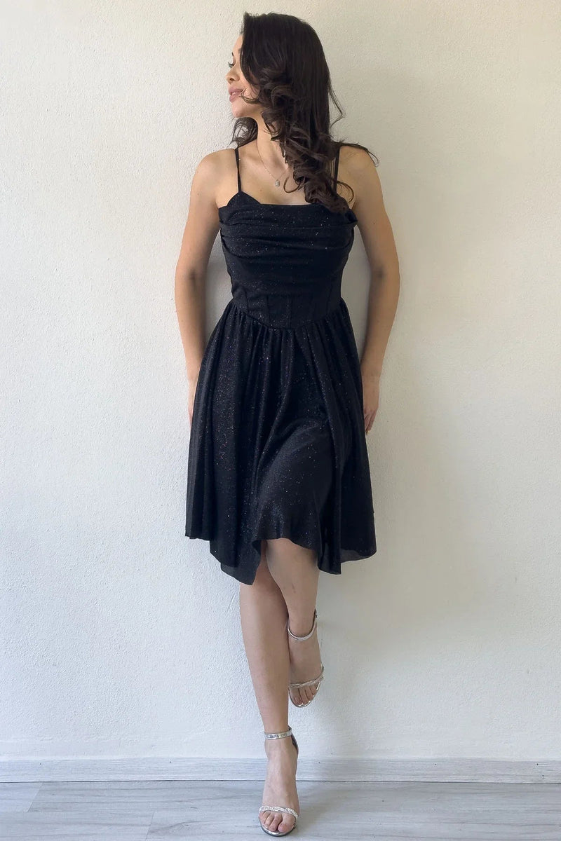 Women's Black Glitter Draped Detail Strap Mini Flared Evening Gown