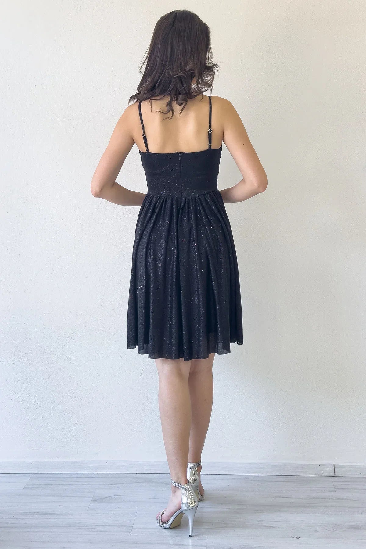 Women's Black Glitter Draped Detail Strap Mini Flared Evening Gown