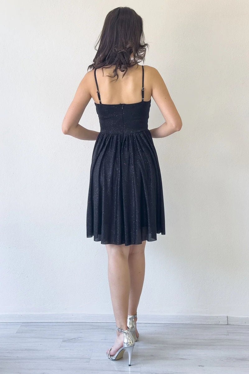 Women's Black Glitter Draped Detail Strap Mini Flared Evening Gown