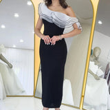 فستان ميدي ضيق بكتف واحد باللونين الأسود والأبيض