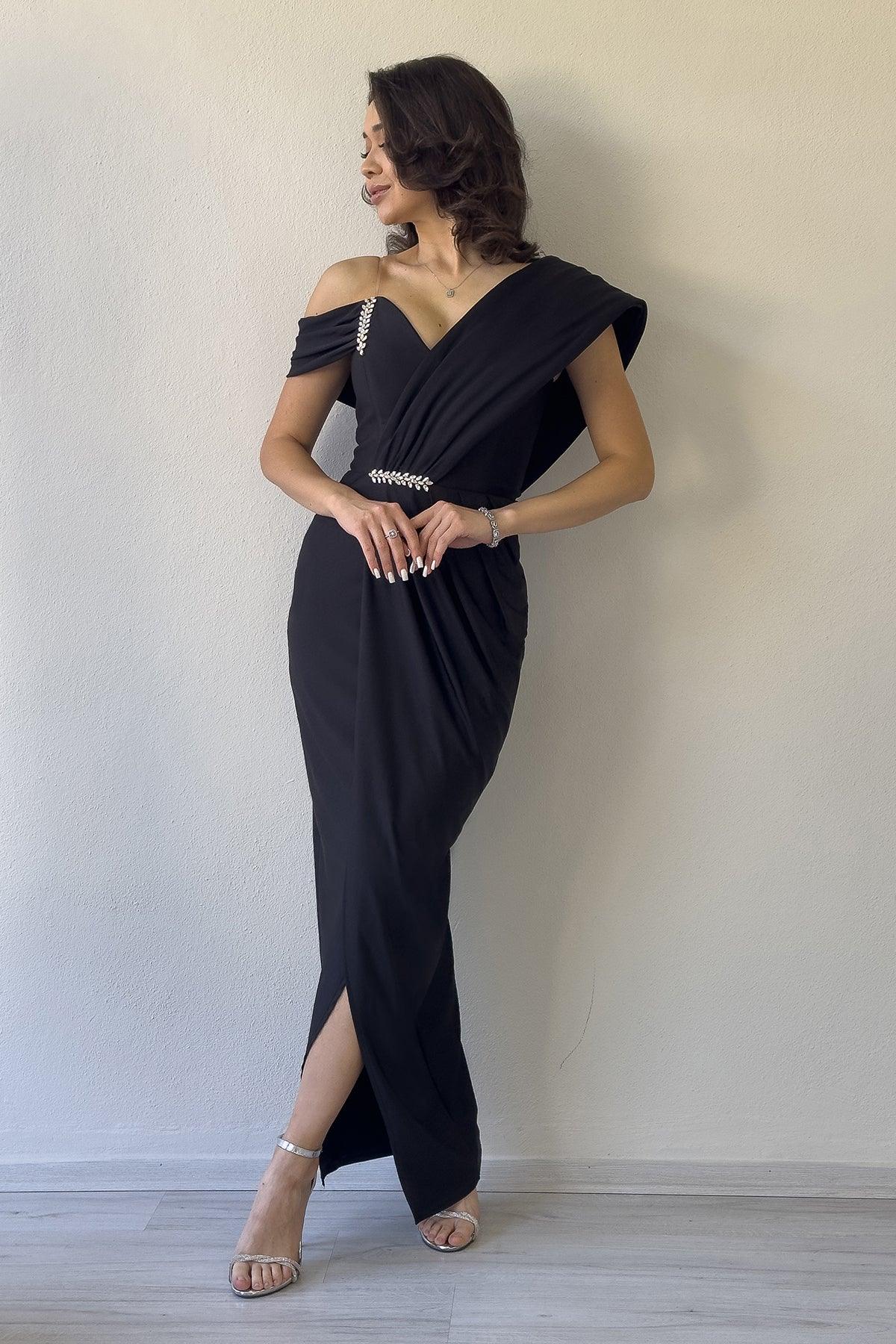 Women's Black Tek Omuz Crystal Embellished Draped Midi Evening Gown