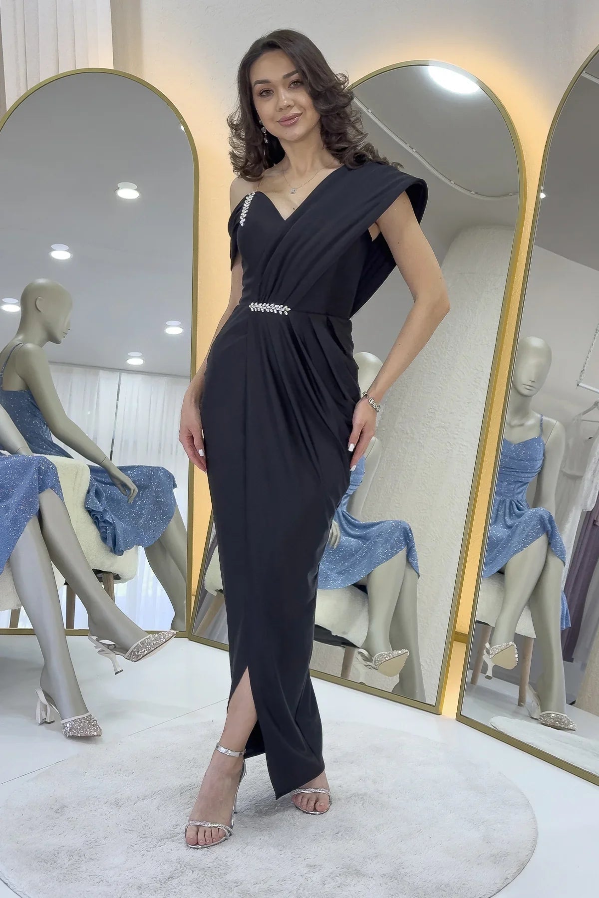 Women's Black Tek Omuz Crystal Embellished Draped Midi Evening Gown