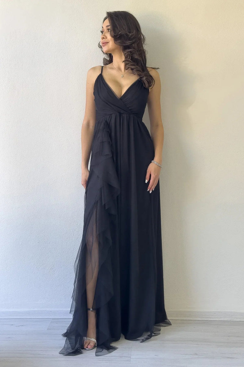 Women's Black Strap Ruffled Yırtmaç Detail Long Chiffon Evening Gown