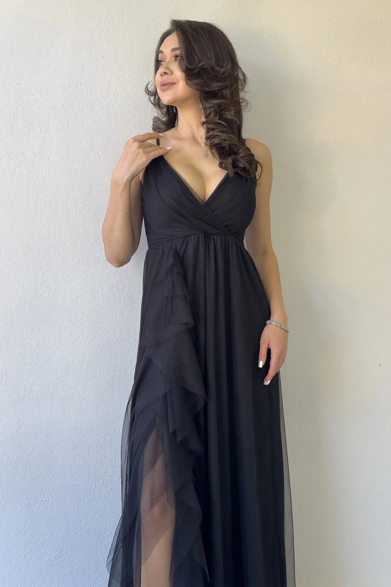 Women's Black Strap Ruffled Yırtmaç Detail Long Chiffon Evening Gown