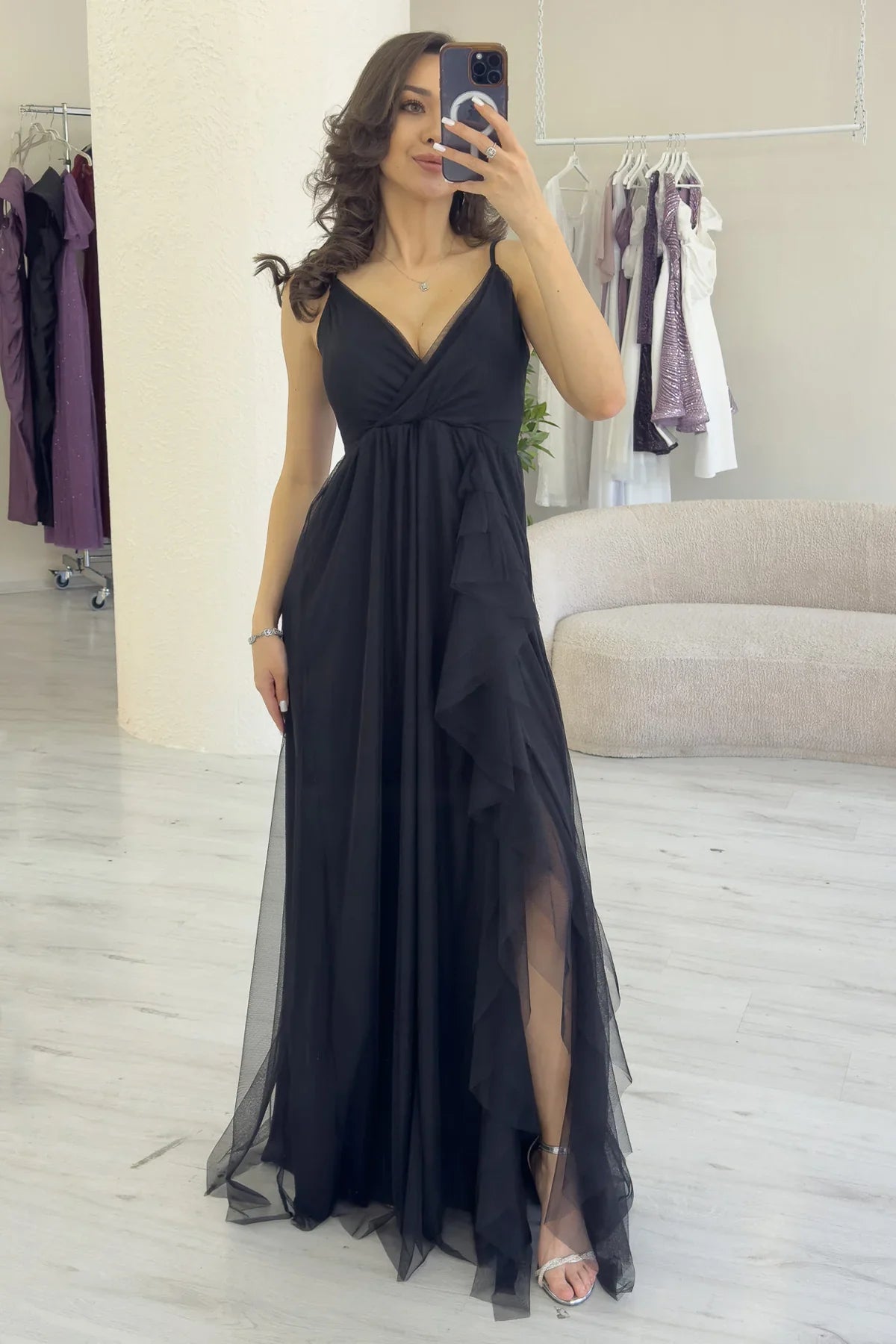 Women's Black Strap Ruffled Yırtmaç Detail Long Chiffon Evening Gown