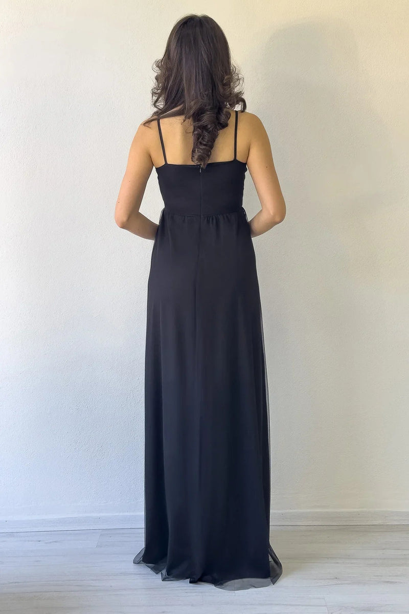 Women's Black Strap Ruffled Yırtmaç Detail Long Chiffon Evening Gown