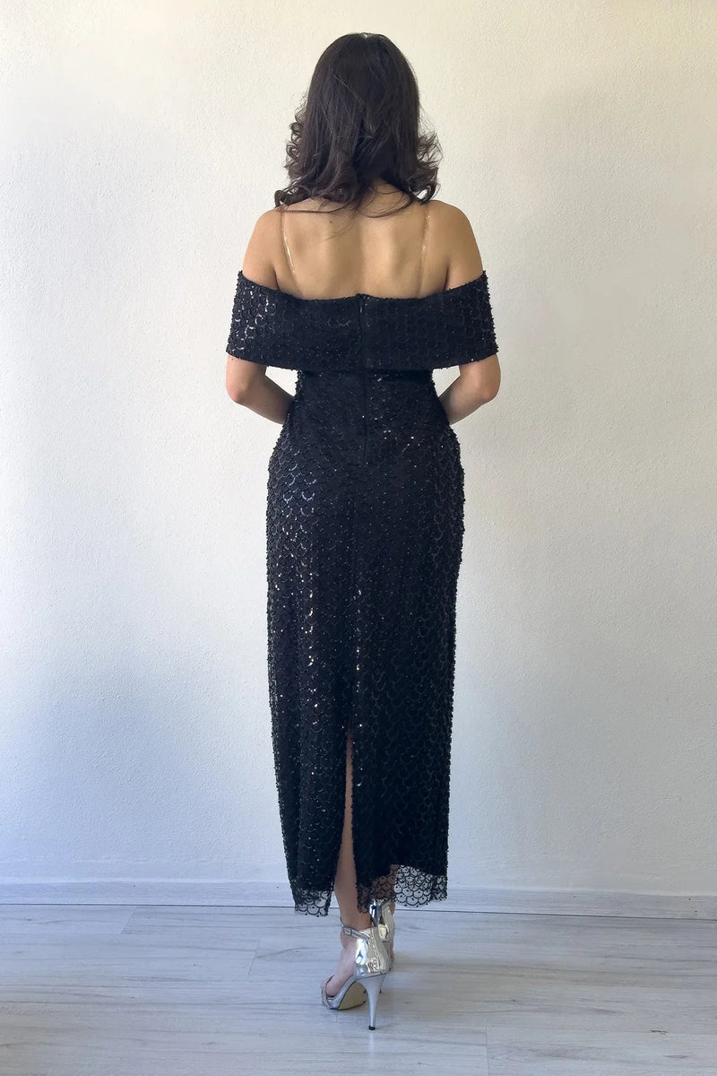 Women's Black Off-Shoulder Taş İşleme Detail Midi Evening Gown