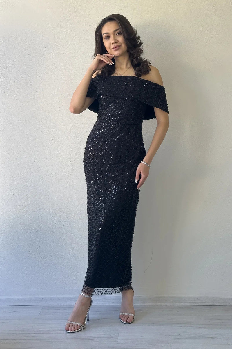 Women's Black Off-Shoulder Taş İşleme Detail Midi Evening Gown