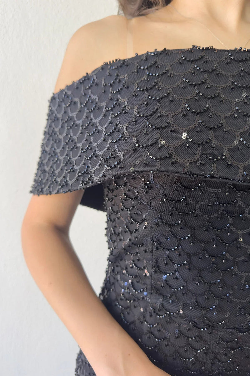 Women's Black Off-Shoulder Taş İşleme Detail Midi Evening Gown