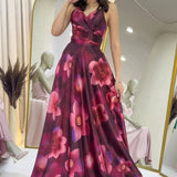 Burgundy Satin Patterned Evening Dress