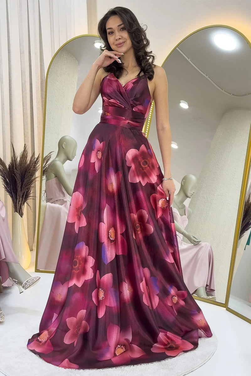 Women's Burgundy Floral Strap Open Back Long Evening Gown