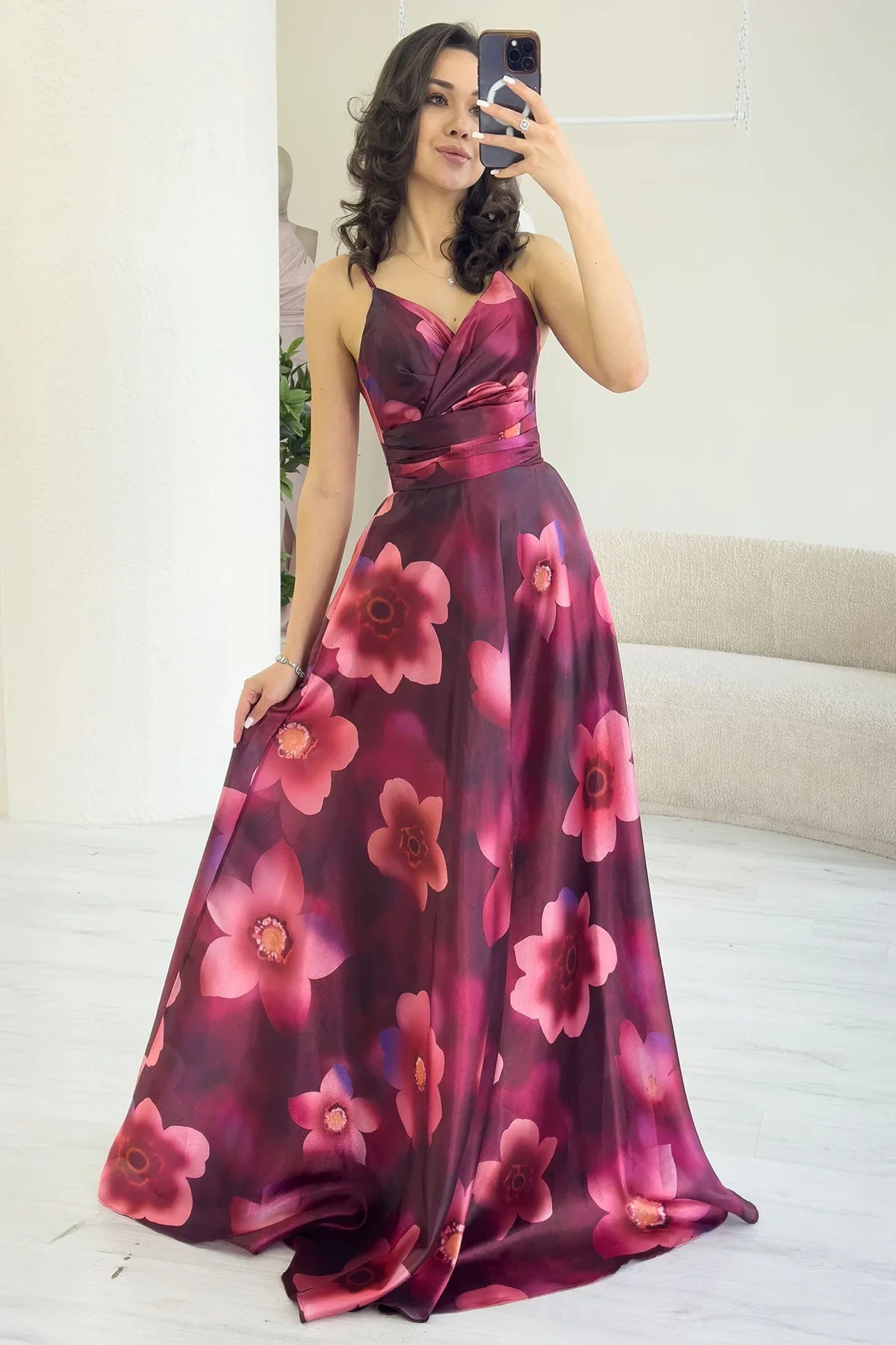 Women's Burgundy Floral Strap Open Back Long Evening Gown
