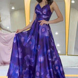 Purple Satin Patterned Evening Dress