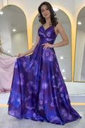 Purple Satin Patterned Evening Dress