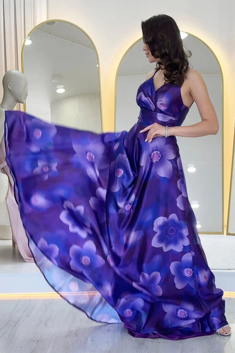 Women's Purple Floral Strap Open Back Long Evening Gown