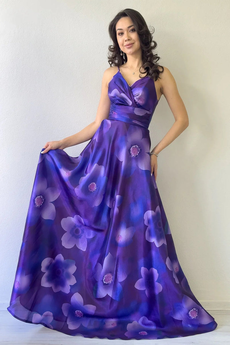 Women's Purple Floral Strap Open Back Long Evening Gown