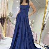Navy Blue Maxi Satin Evening Dress