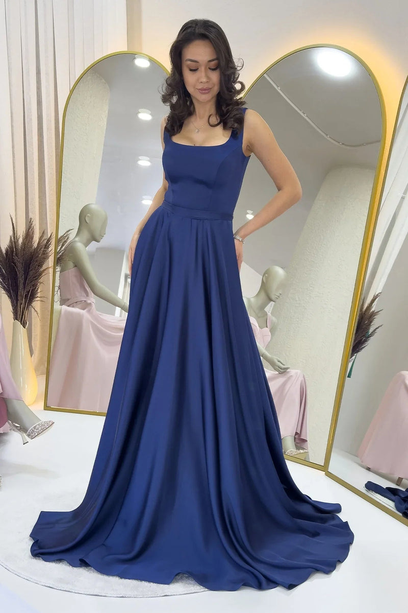 Women's Navy Blue Square Neck Sırt Tie Strap Satin Evening Gown