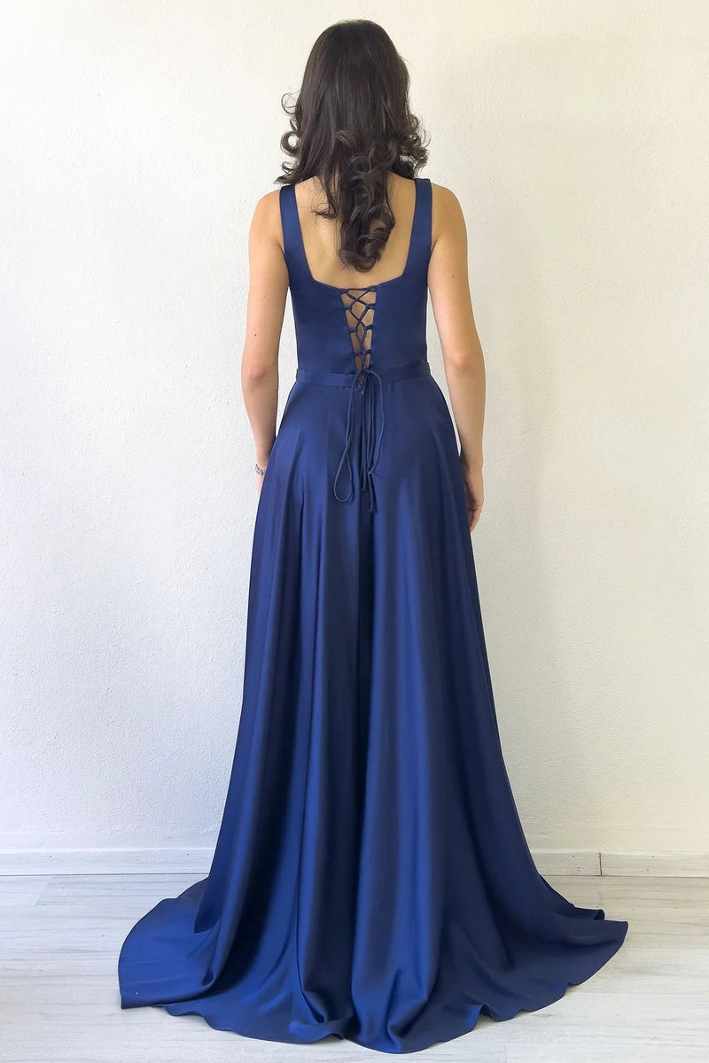 Women's Navy Blue Square Neck Sırt Tie Strap Satin Evening Gown