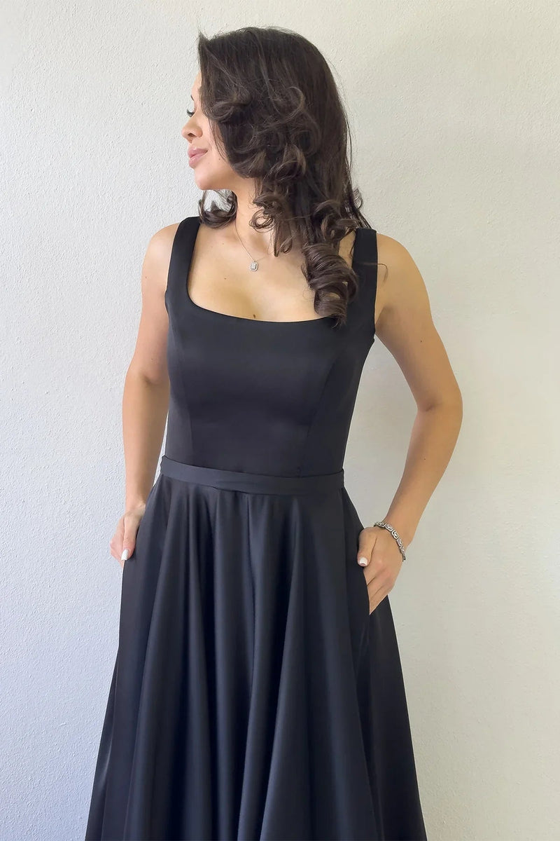 Women's Black Square Neck Sırt Tie Strap Satin Evening Gown