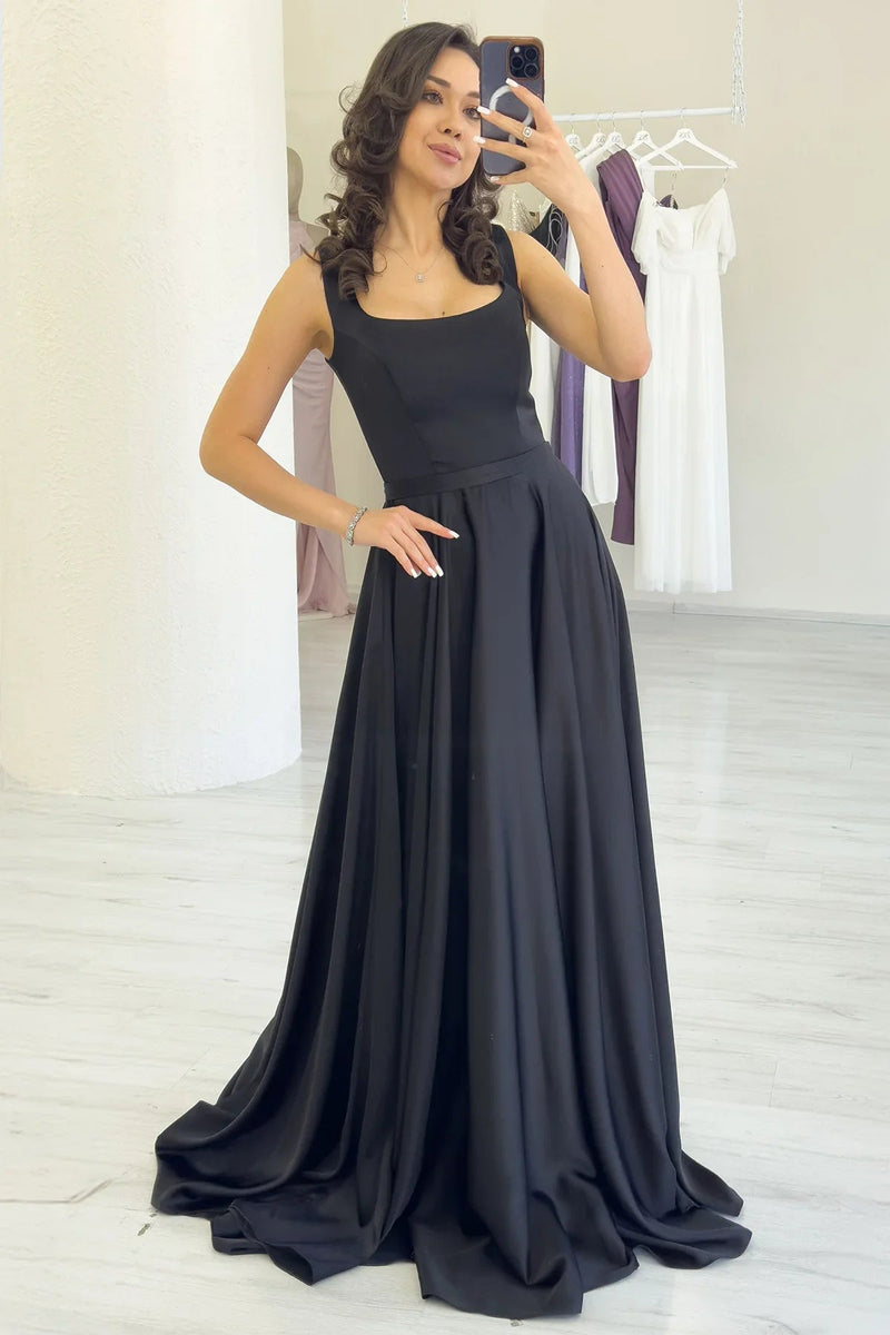 Women's Black Square Neck Sırt Tie Strap Satin Evening Gown
