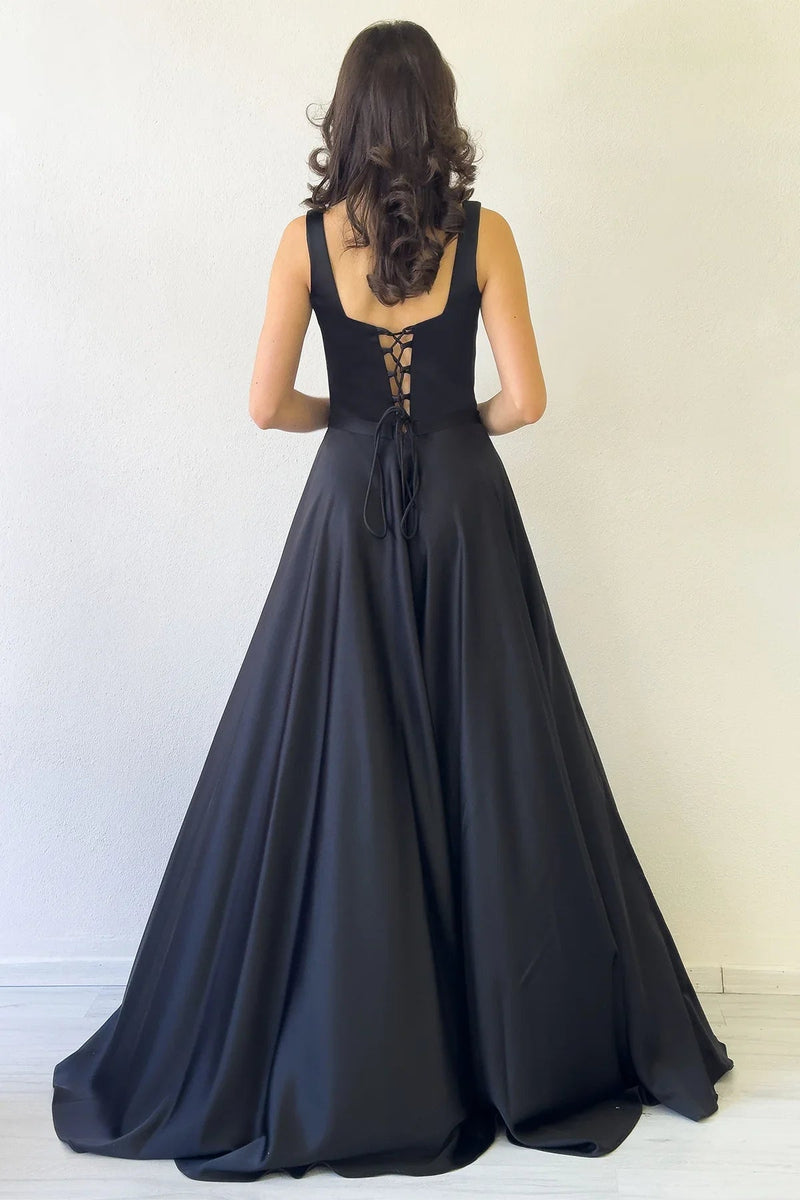 Women's Black Square Neck Sırt Tie Strap Satin Evening Gown