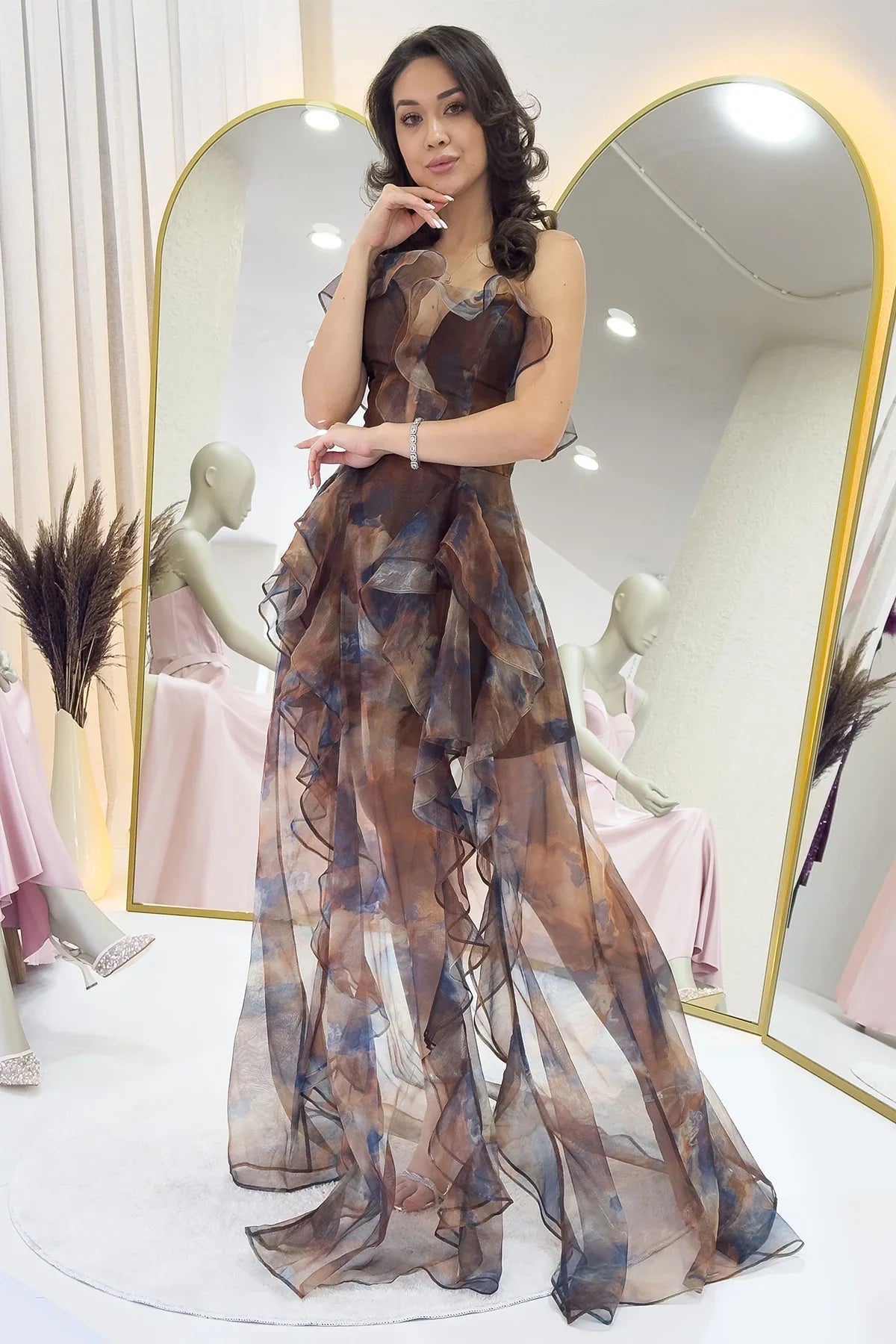 Women's Brown Tie-Dyeli Strapless Ruffled Evening Gown