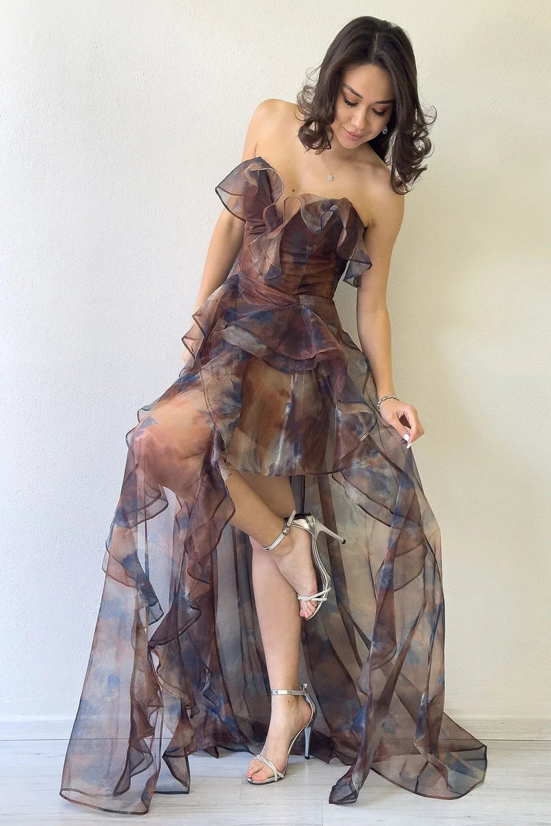 Women's Brown Tie-Dyeli Strapless Ruffled Evening Gown