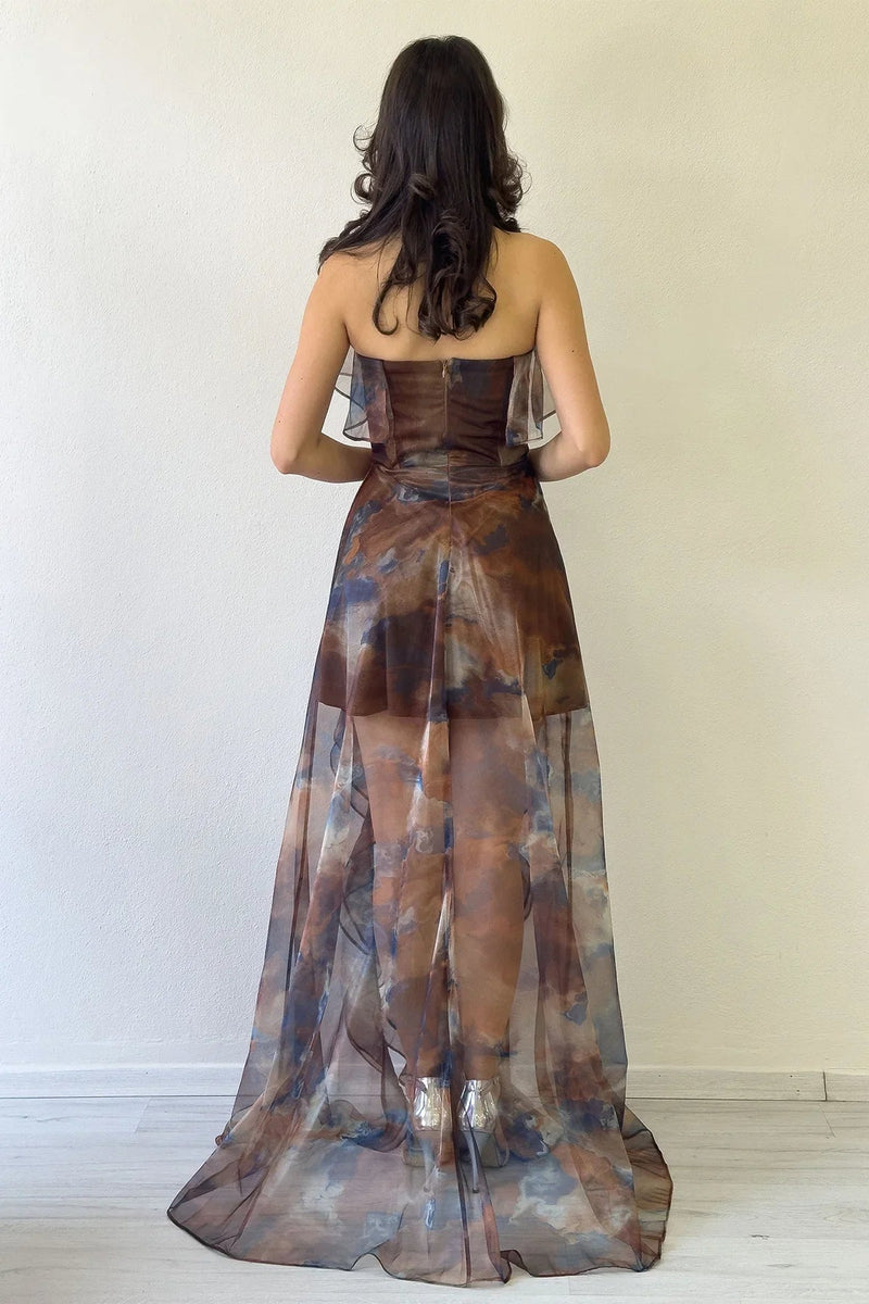 Women's Brown Tie-Dyeli Strapless Ruffled Evening Gown