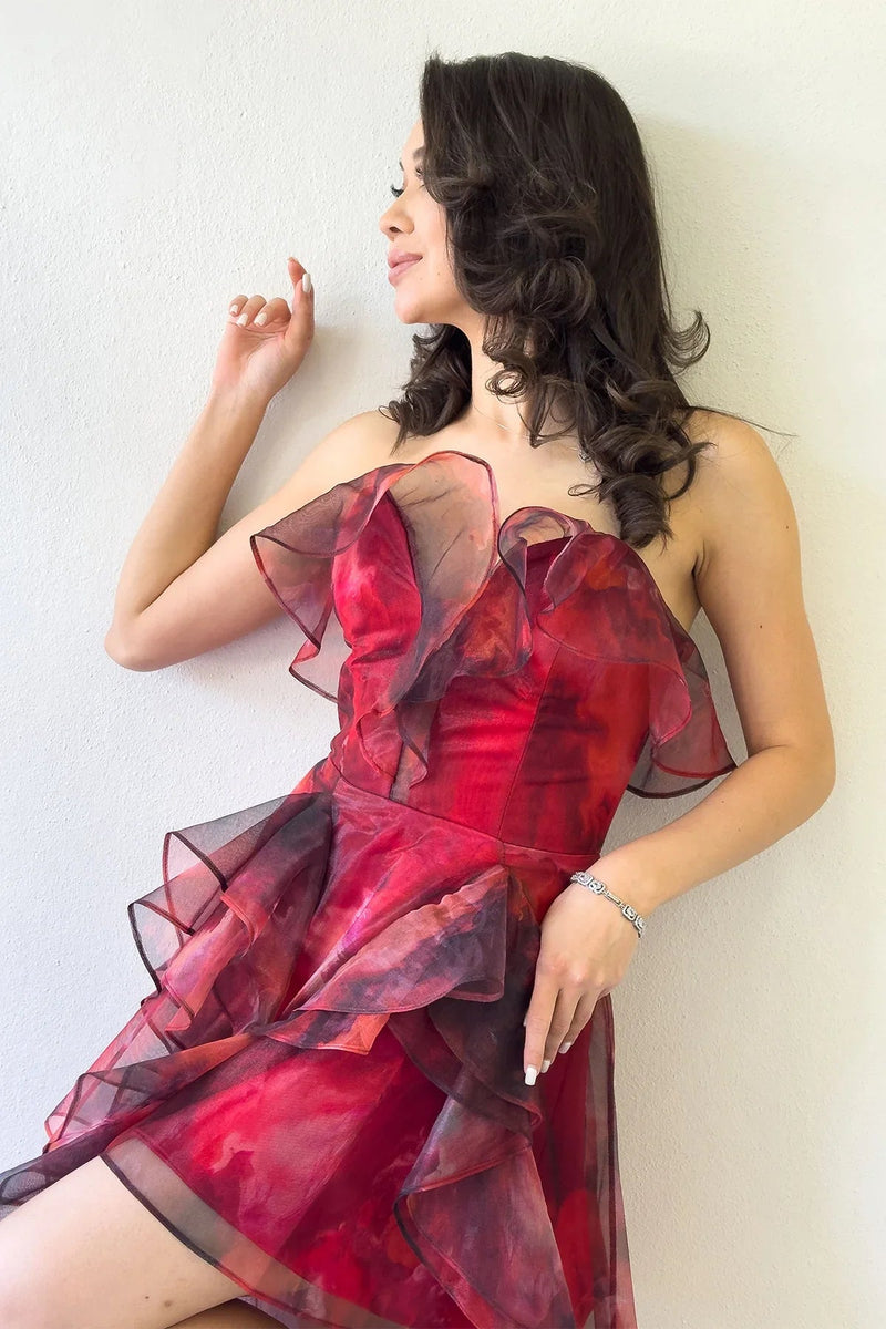 Women's Red Tie-Dyeli Strapless Ruffled Evening Gown