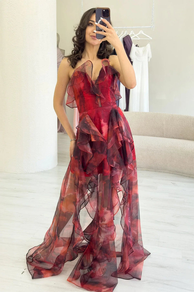 Women's Red Tie-Dyeli Strapless Ruffled Evening Gown